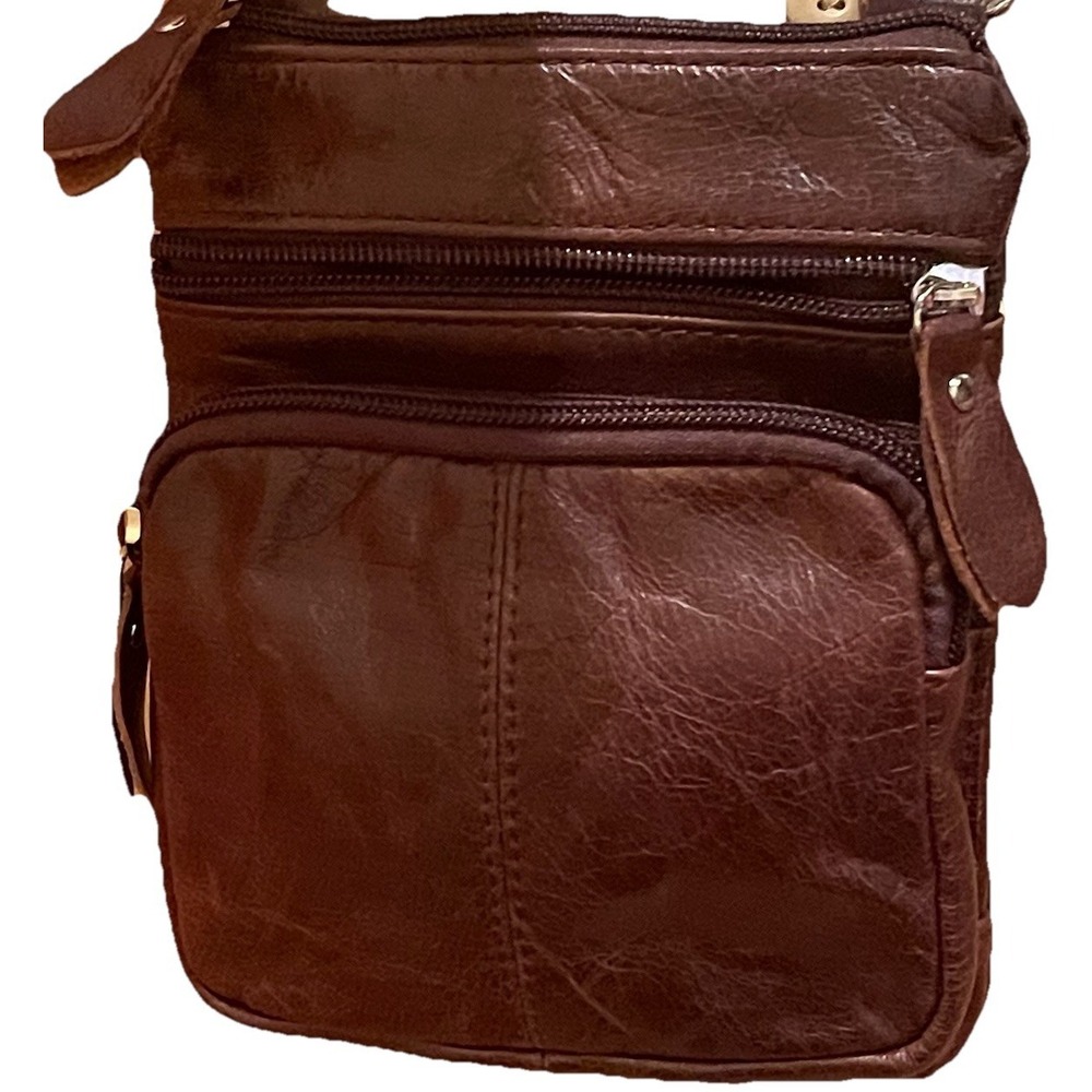 Unbranded Brown Crossbody Bag Multi Zip Pocket Organizer Adjustable Strap Unisex